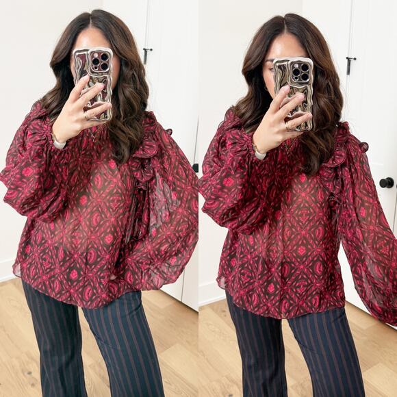 Ulla Johnson Medine Red Patterned Ruffle Silk Blouse US 6 - Picture 3 of 8